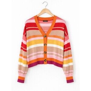 Ann Taylor Vibrant Sunset Stripes V-Neck Colorblock Cropped Cardigan Sweater